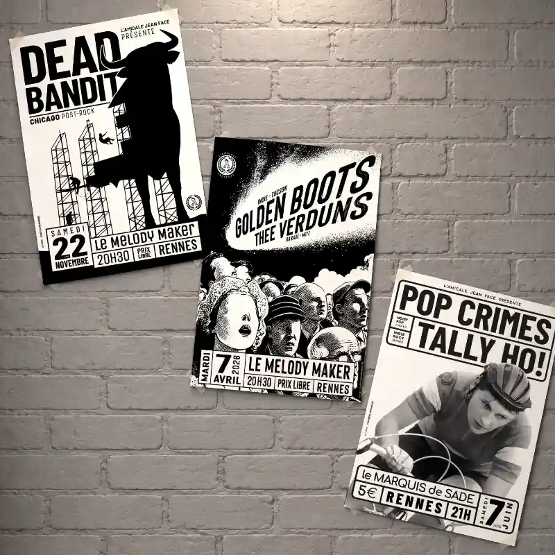 3 affiches de concert à Rennes sur un fond en briques