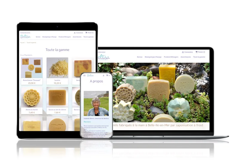 Site internet responsive Bellisa Savons sur ordinateur, tablette et smartphone