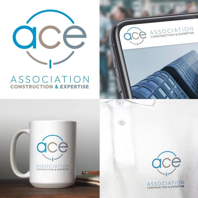 Mockups présentant le logo et l'identité visuelle de l'ACE (Association Construction & Expertise) sur une tasse et un textile