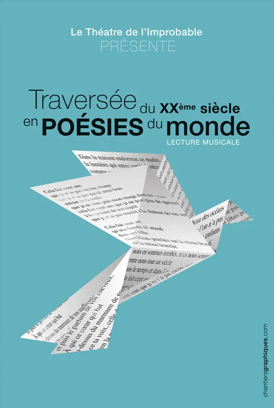 Affiche bleue du spectacle Traversée du XXème siècle en poésies du monde avec un oiseau en origami imprimé de texte