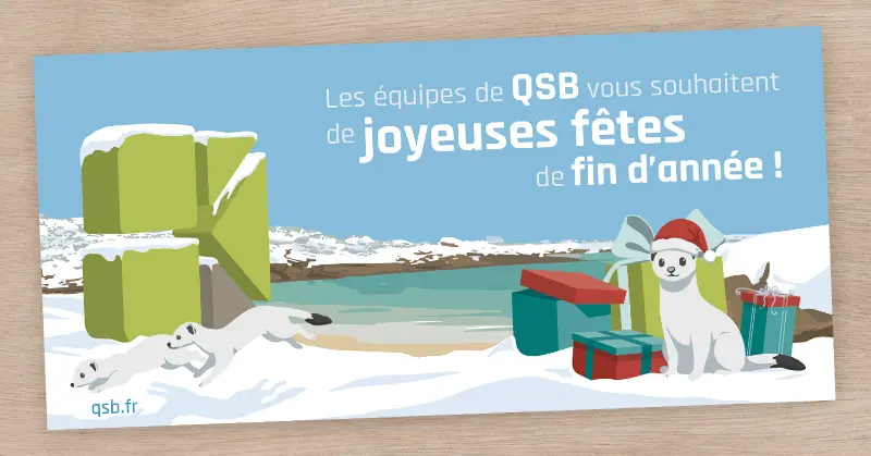 Carte de vœux illustrée de QSB avec des hermines et paquets cadeaux dans un paysage enneigé