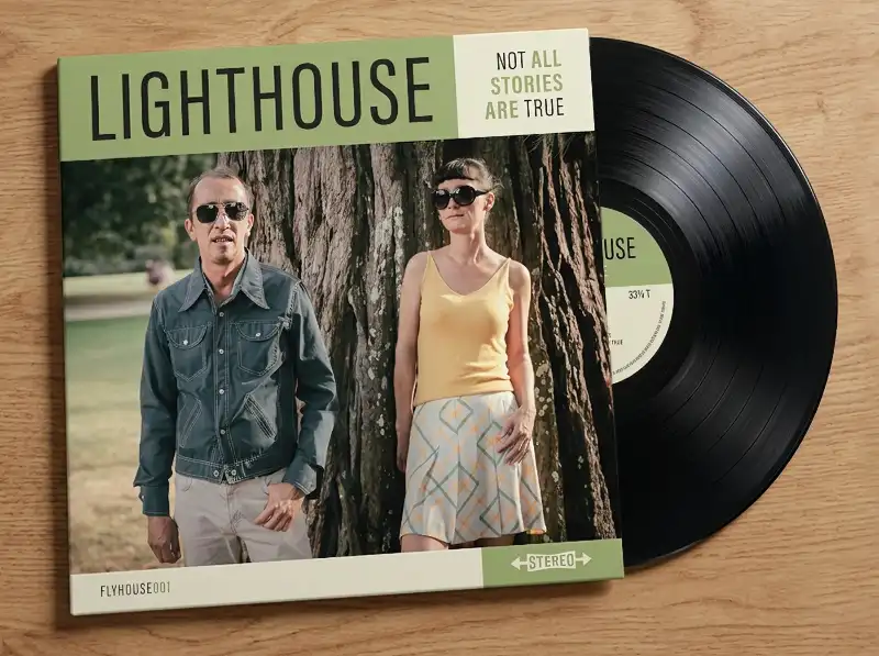 Pochette de disque vinyle 33 tours du groupe Lighthouse posée à côté de son vinyle noir sur une surface en bois