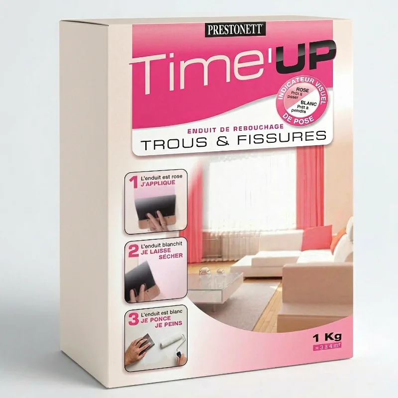 Maquette 3D de boîte d'enduit de rebouchage Prestonett Time'UP rose et blanche