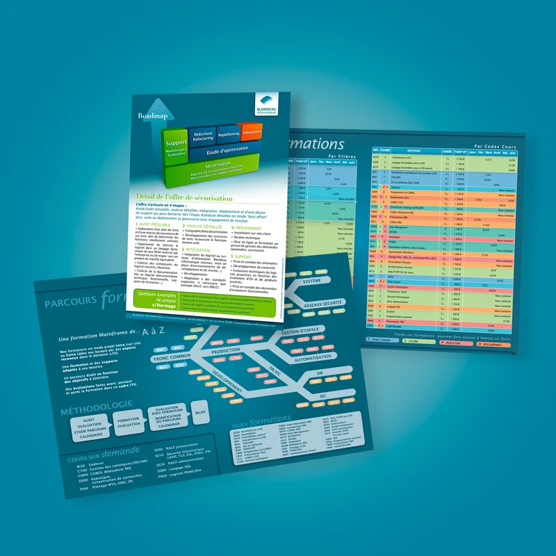 Couverture, tableau de programmes et schémas de parcours de formation sur fonds bleus