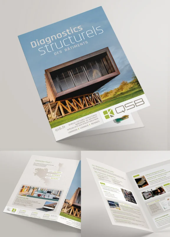 Couverture et double page intérieure de la plaquette Diagnostics Structurels pour la société QSB