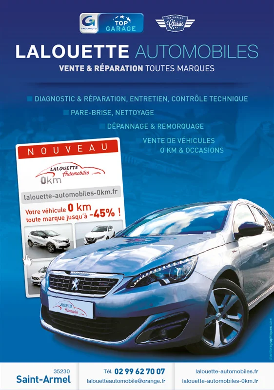 Affiche bleue Lalouette Automobiles présentant une voiture Peugeot grise et un encart tarifaire