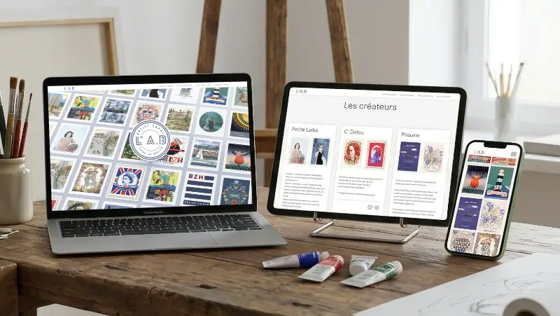 Site internet responsive LAB L'Atelier Bleu sur ordinateur, tablette et smartphone